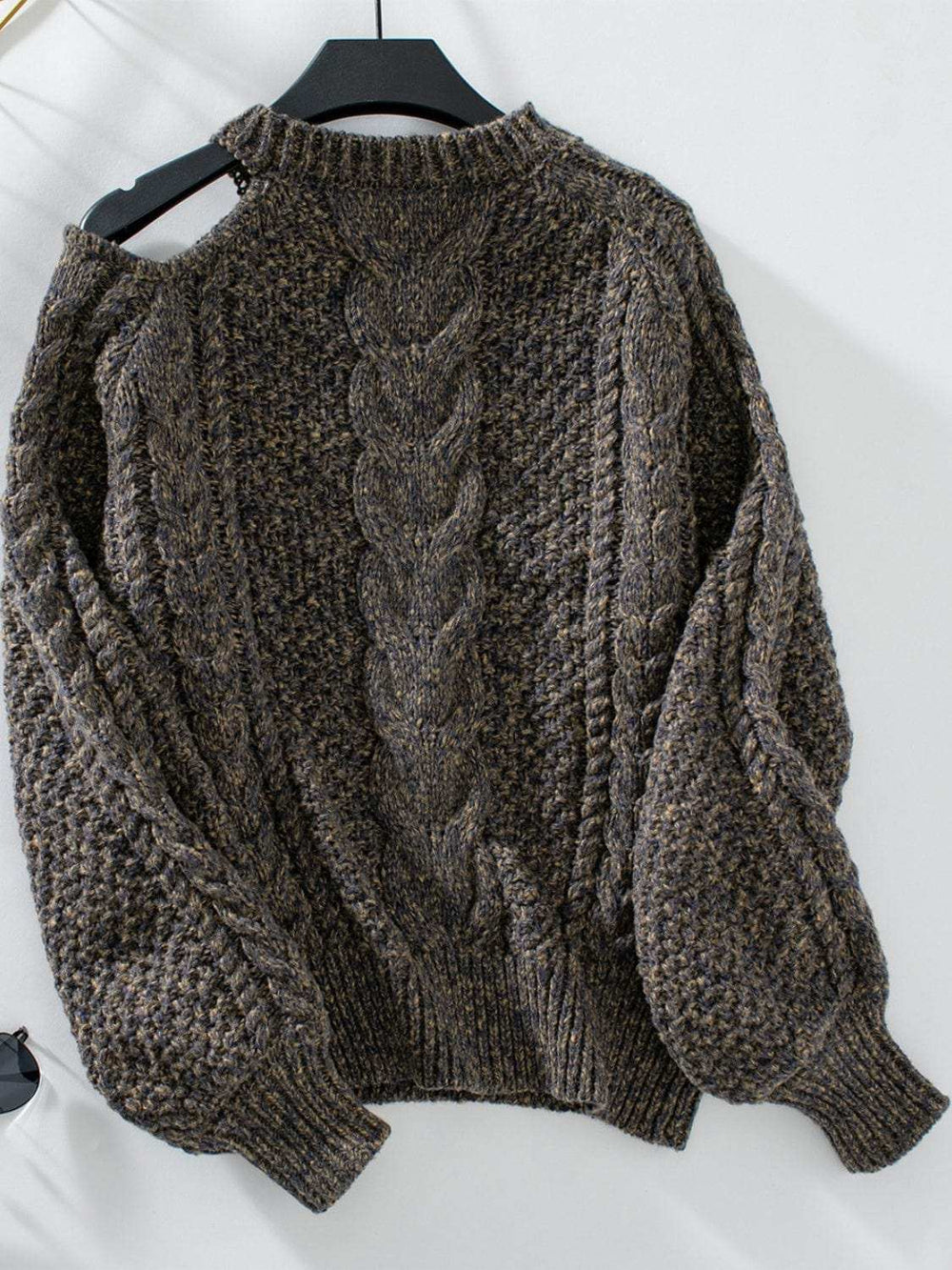 Cable Knit Round Neck Cold Shoulder Sweater - Trendsi - Flyclothing LLC