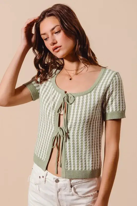 SO ME Tie Front Textured Vertical Stripe Knit Cardigan - Trendsi - Flyclothing LLC