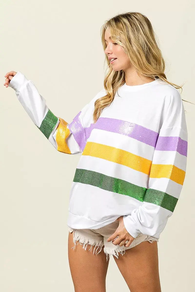 BiBi Sequin Mardi Gras Striped Round Neck Sweatshirt - Trendsi - Flyclothing LLC