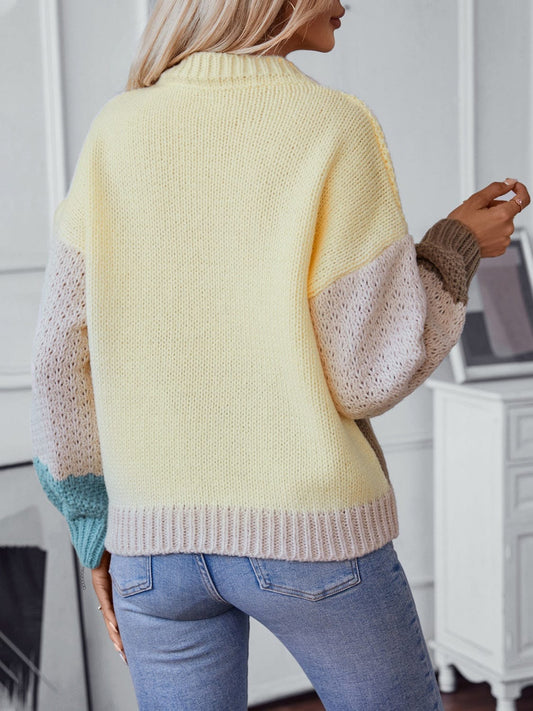 Color Block Round Neck Dropped Shoulder Sweater - Trendsi