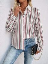 Perfee Contrast Striped Collared Neck Long Sleeve Shirt - Trendsi - Flyclothing LLC