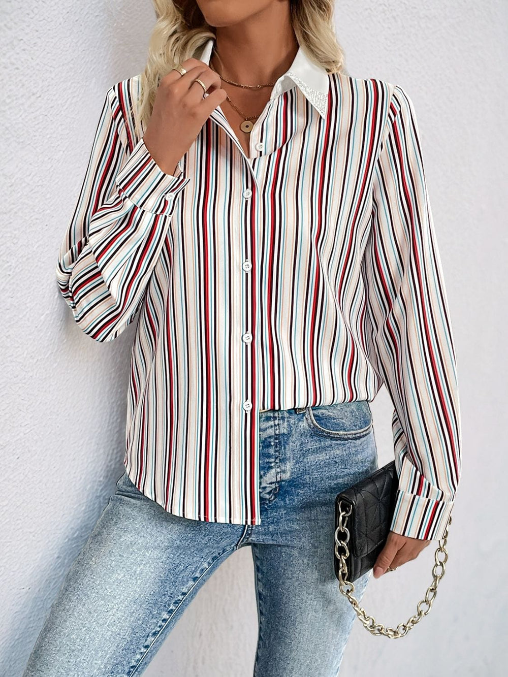 Perfee Contrast Striped Collared Neck Long Sleeve Shirt - Trendsi