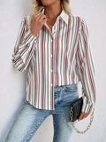 Perfee Contrast Striped Collared Neck Long Sleeve Shirt - Trendsi
