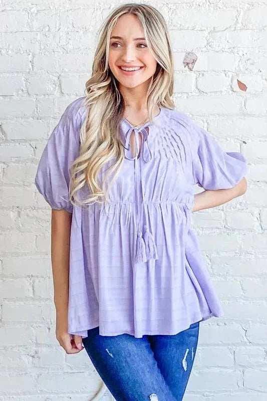 And The Why Textured Pintuck Blouse Top with Tassels - Trendsi - Flyclothing LLC