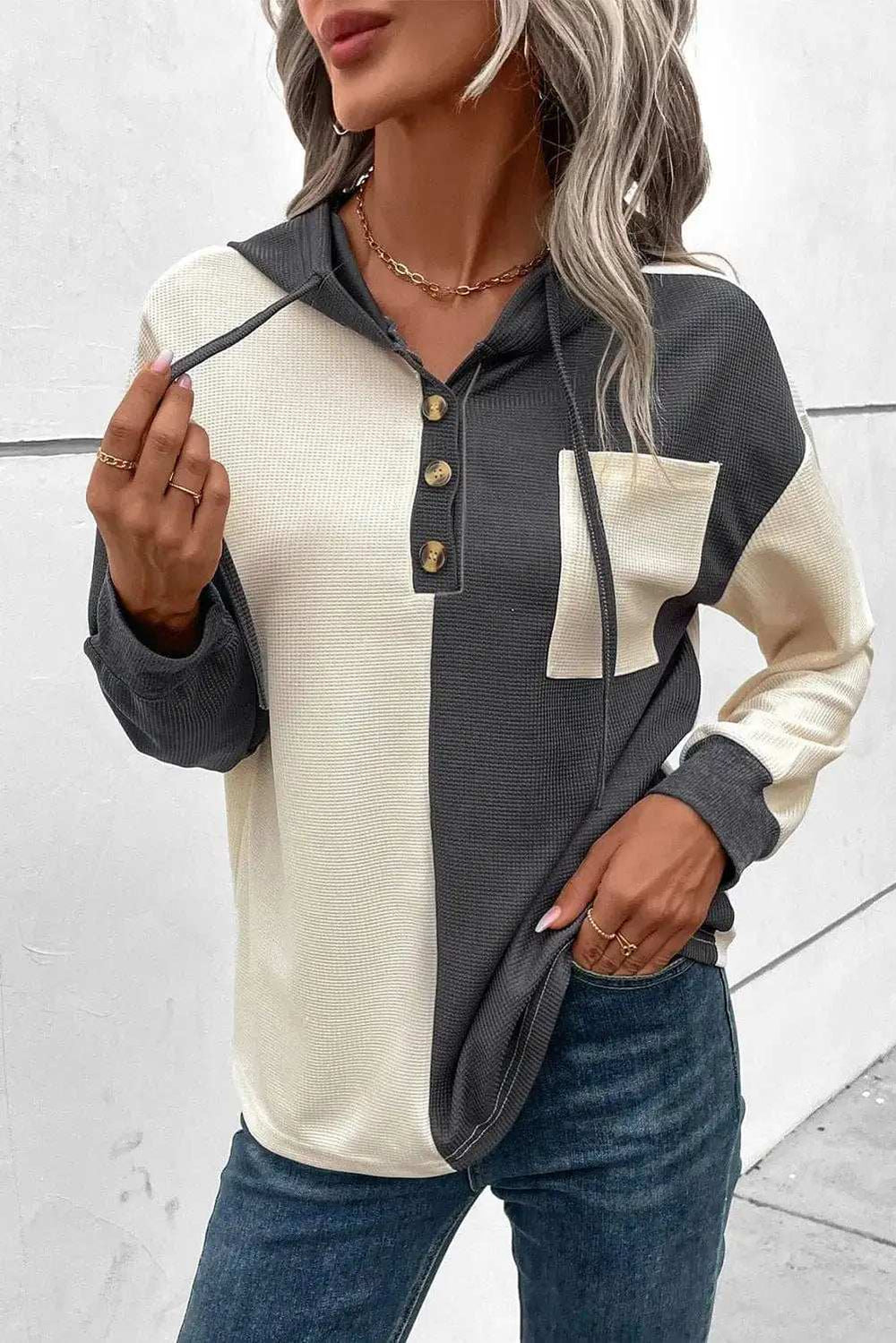 Drawstring Quarter Button Contrast Long Sleeve Hoodie - Trendsi - Flyclothing LLC
