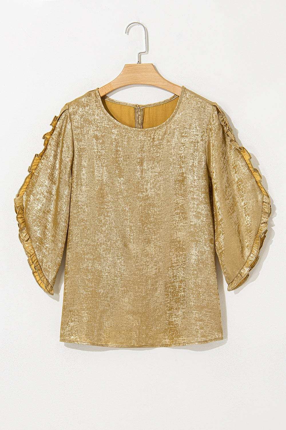 Metallic Luster Round Neck Frill 3/4 Sleeve Blouse - Trendsi - Flyclothing LLC