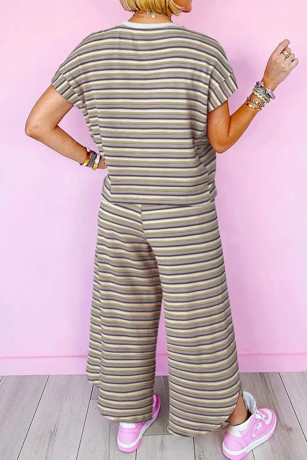 Striped Round Neck Short Sleeve Top and Pants Set - Trendsi - Flyclothing LLC
