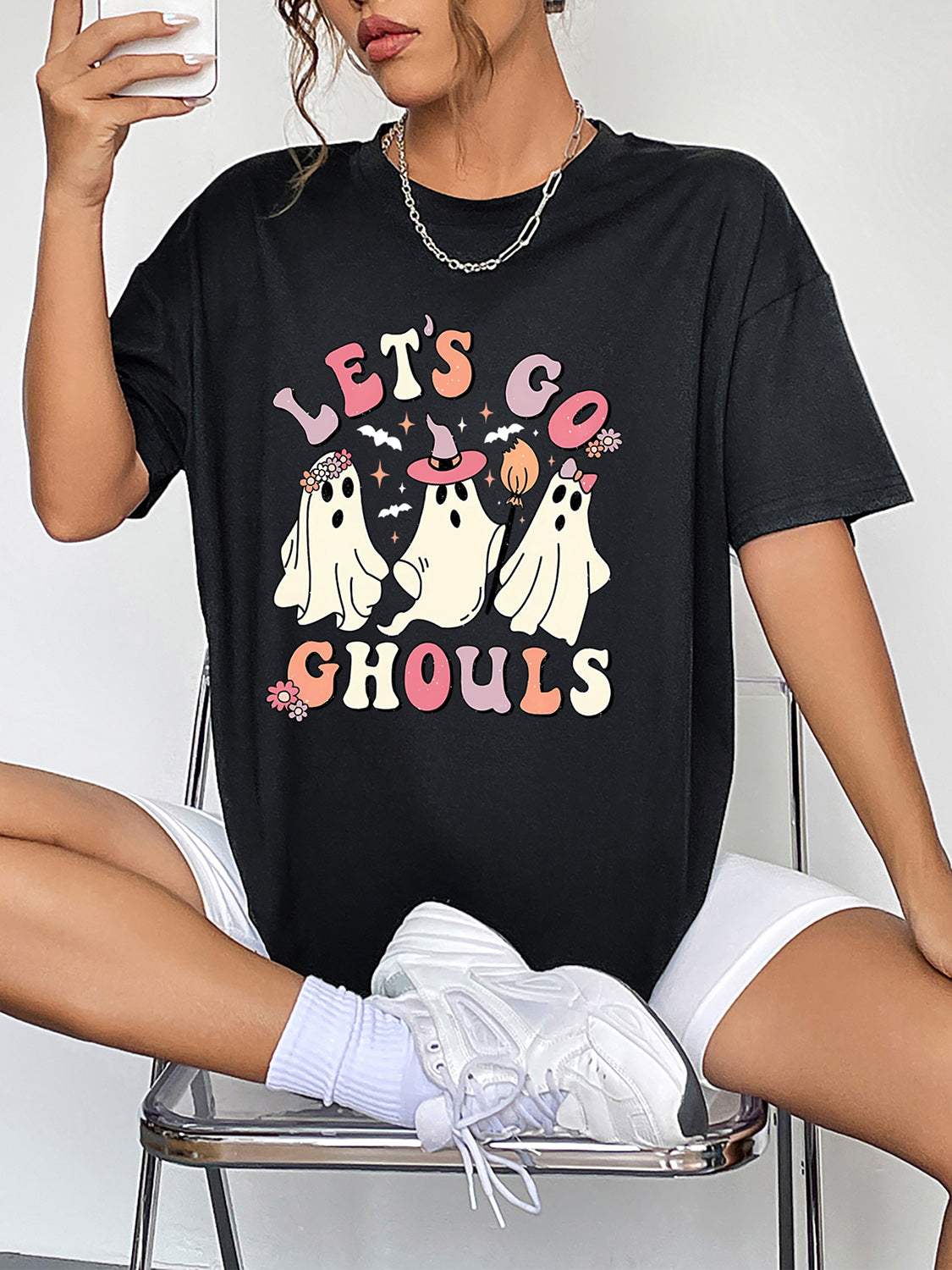 Round Neck Short Sleeve LET'S GO GHOULS Graphic T-Shirt - Trendsi - Flyclothing LLC