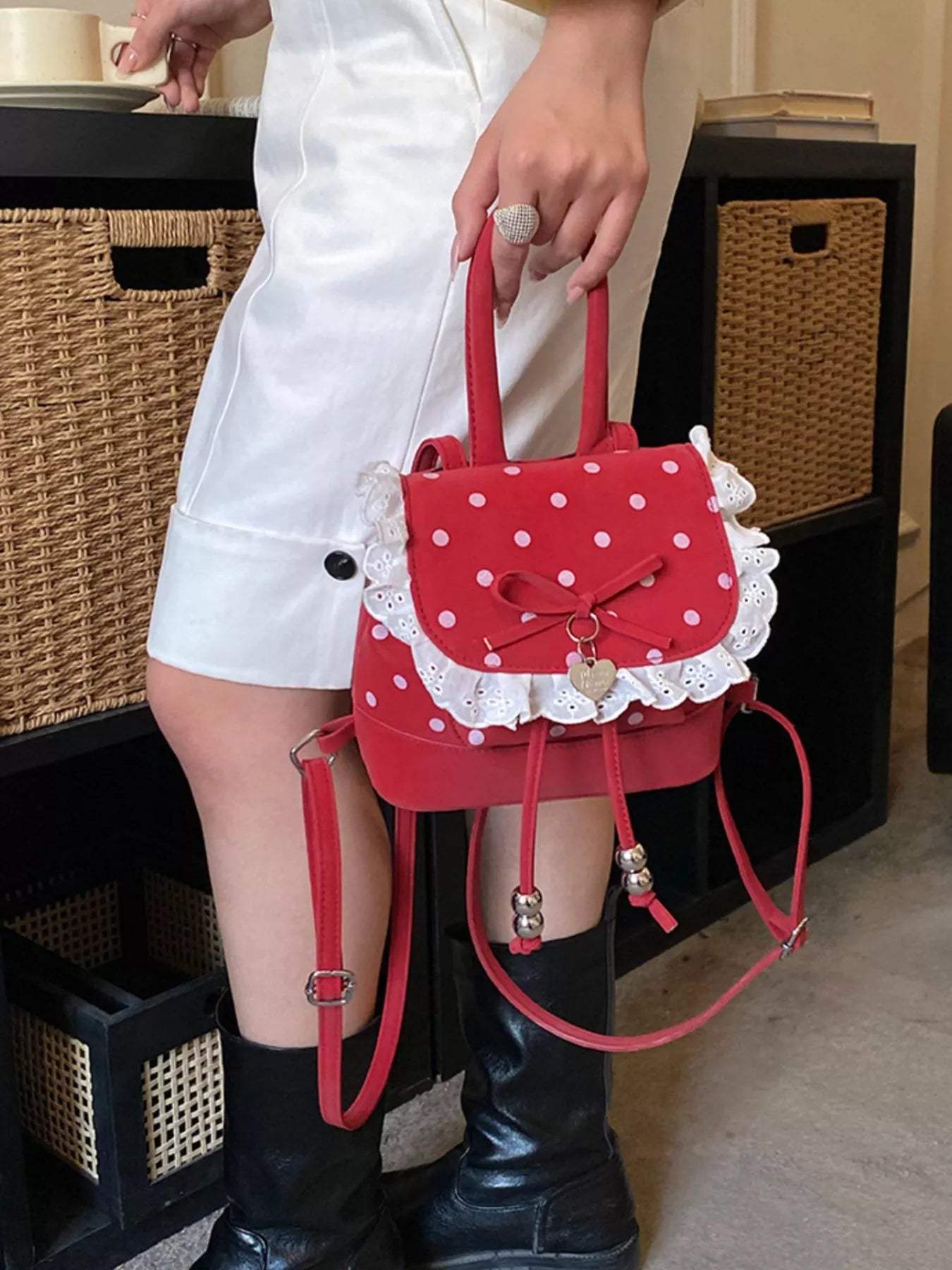 Polka Dot Lace Trim Backpack Bag - Trendsi - Flyclothing LLC