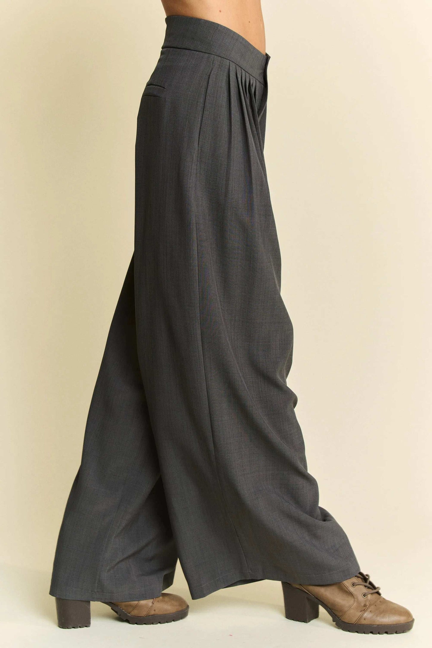 Davi & Dani Solid Back Pocket Shirring Detail Wide Leg Pants - Trendsi - Flyclothing LLC
