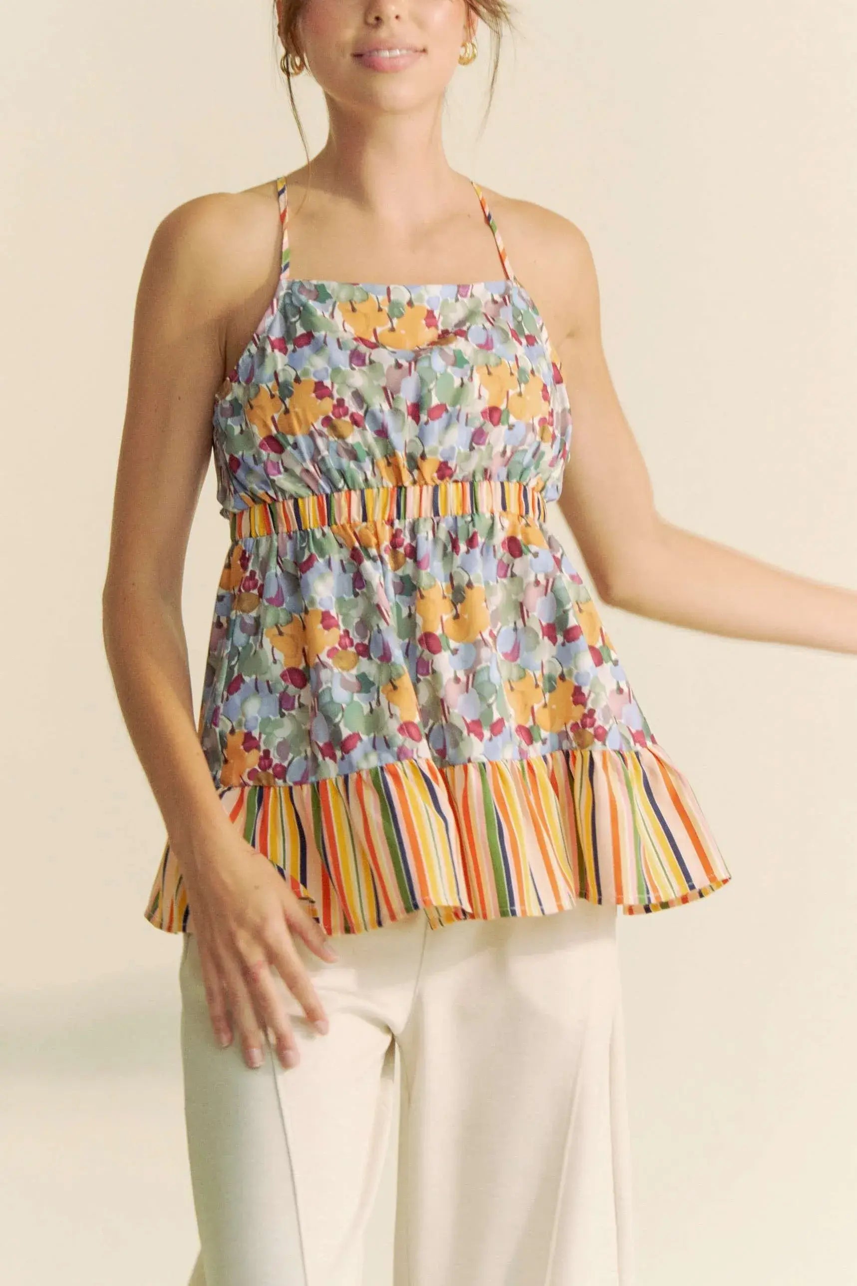 Davi & Dani Floral Smocked Sleeveless Ruffle Back Tie Top - Trendsi - Flyclothing LLC