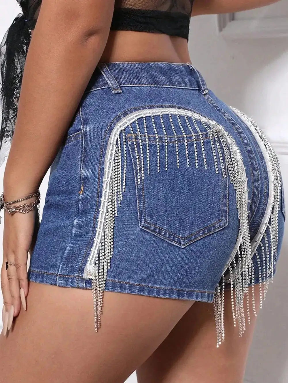 Fringe Back Denim Shorts with Pockets - Trendsi