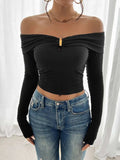 Devine Off-Shoulder Long Sleeve T-Shirt - Trendsi - Flyclothing LLC