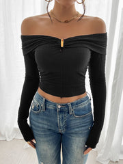 Devine Off-Shoulder Long Sleeve T-Shirt - Trendsi