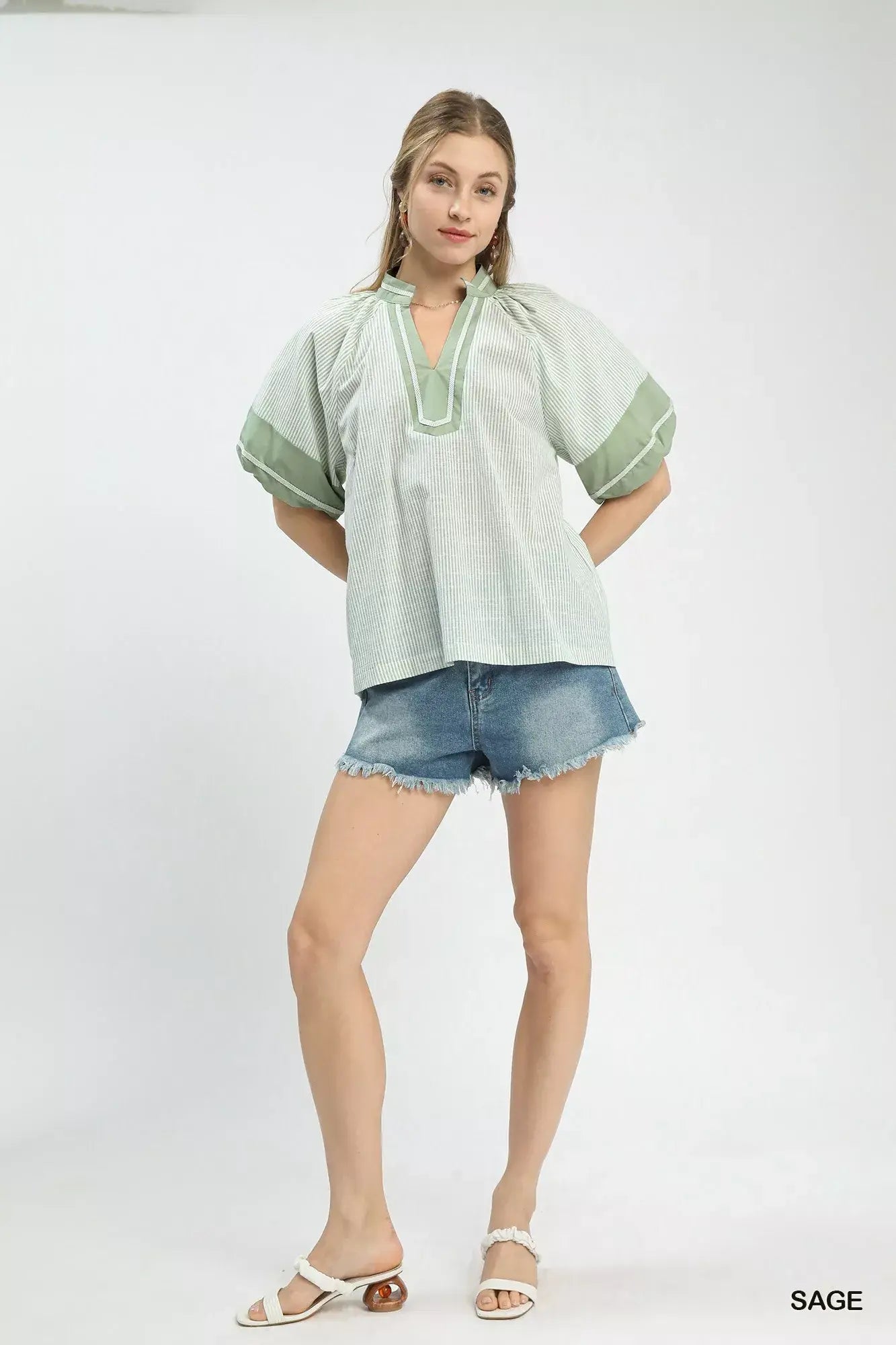 Umgee Striped Mixed Puff Sleeve Blouse - Trendsi - Flyclothing LLC