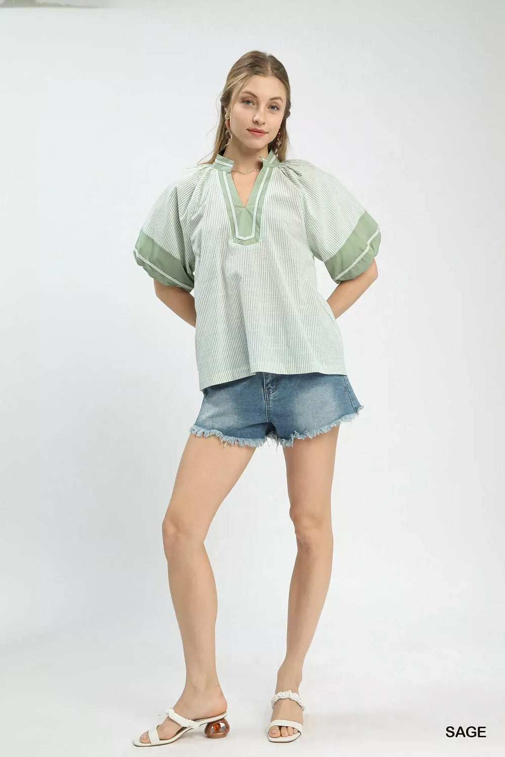 Umgee Striped Mixed Puff Sleeve Blouse - Trendsi - Flyclothing LLC