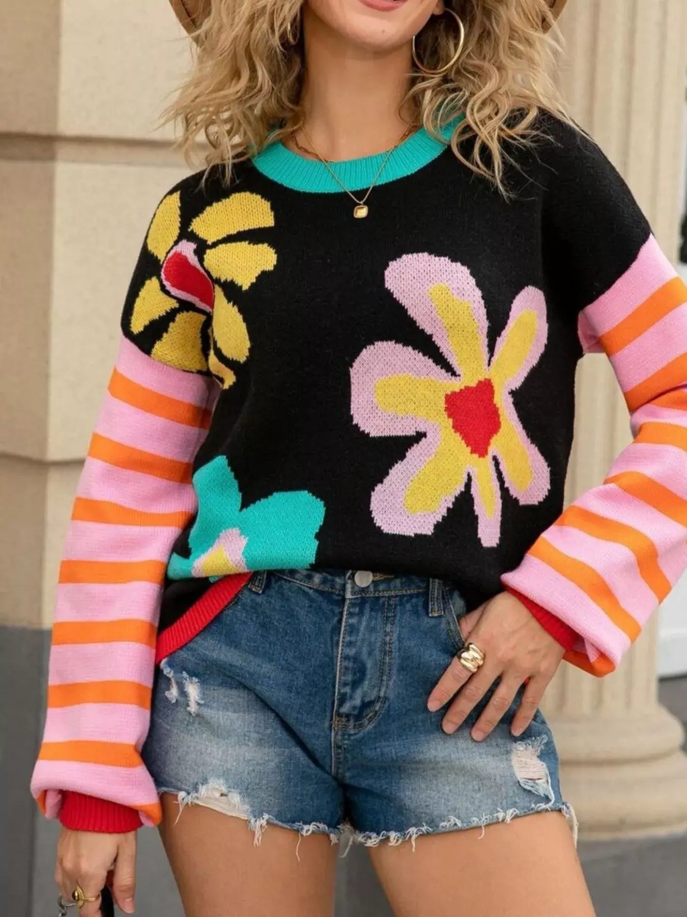Floral Striped Crew Neck Sweater - Trendsi - Flyclothing LLC