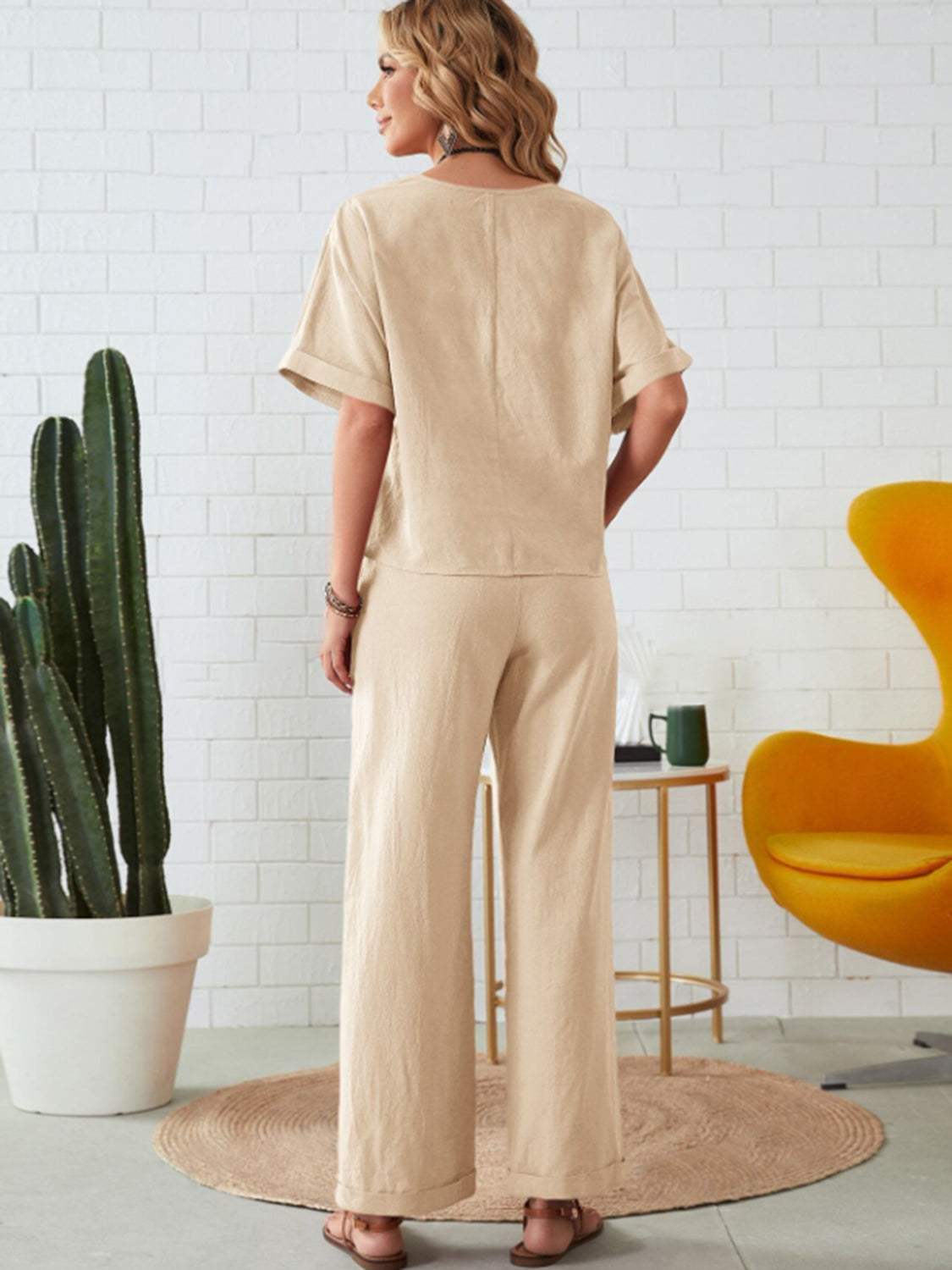 Round Neck Half Sleeve Top and Pocketed Pants Set - Trendsi - Flyclothing LLC