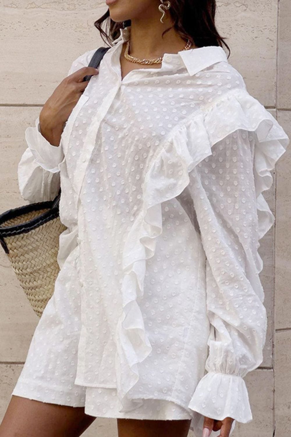 Ruffled Dot Applique Collared Neck Top and Shorts Set - Trendsi
