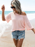 Waffle Knit Boat Neck Half Sleeve T-Shirt - Trendsi