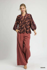 Umgee Floral Velvet Blouse with Balloon Sleeves - Trendsi - Flyclothing LLC
