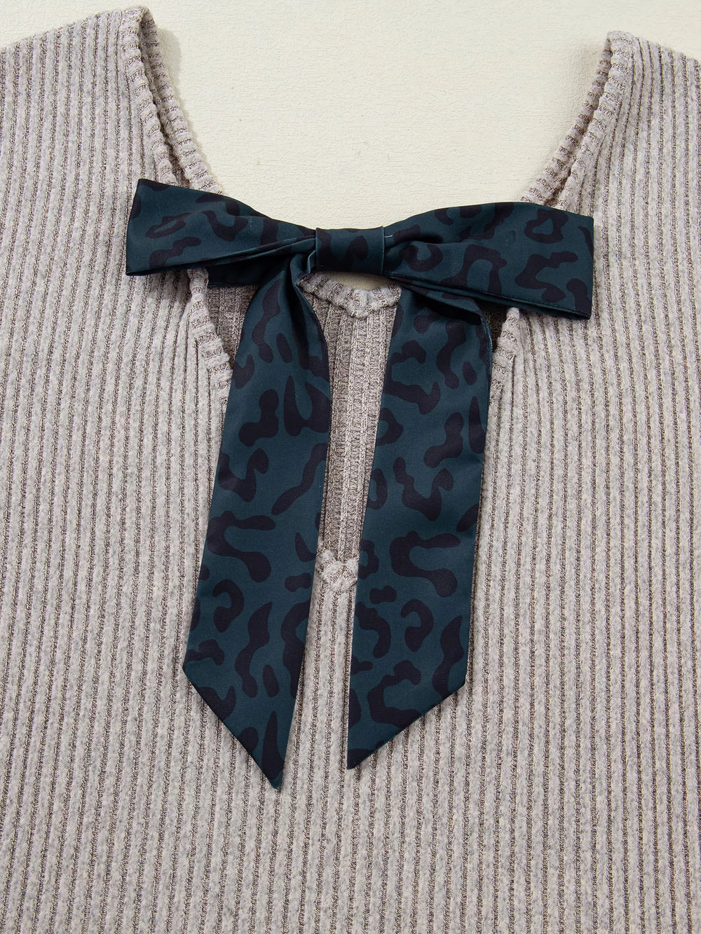 Ribbed V Neck Contrast Ribbon Bow Back Drop Shoulder Long Sleeve Top - Trendsi - Flyclothing LLC