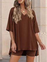 Full Size Casual Loose V-Neck T-Shirt & Shorts Set Plus Size - Trendsi - Flyclothing LLC