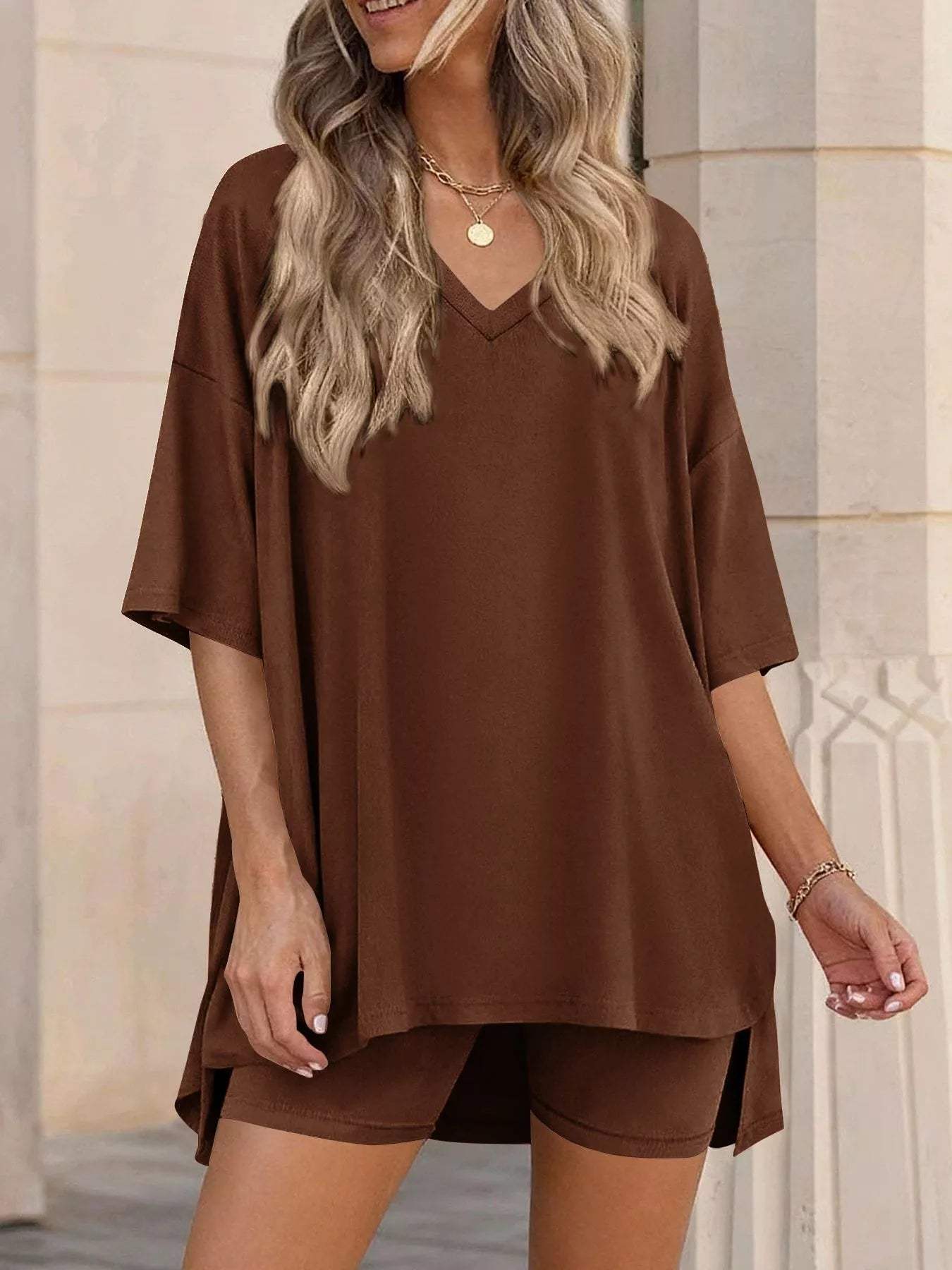 Full Size Casual Loose V-Neck T-Shirt & Shorts Set Plus Size - Trendsi - Flyclothing LLC