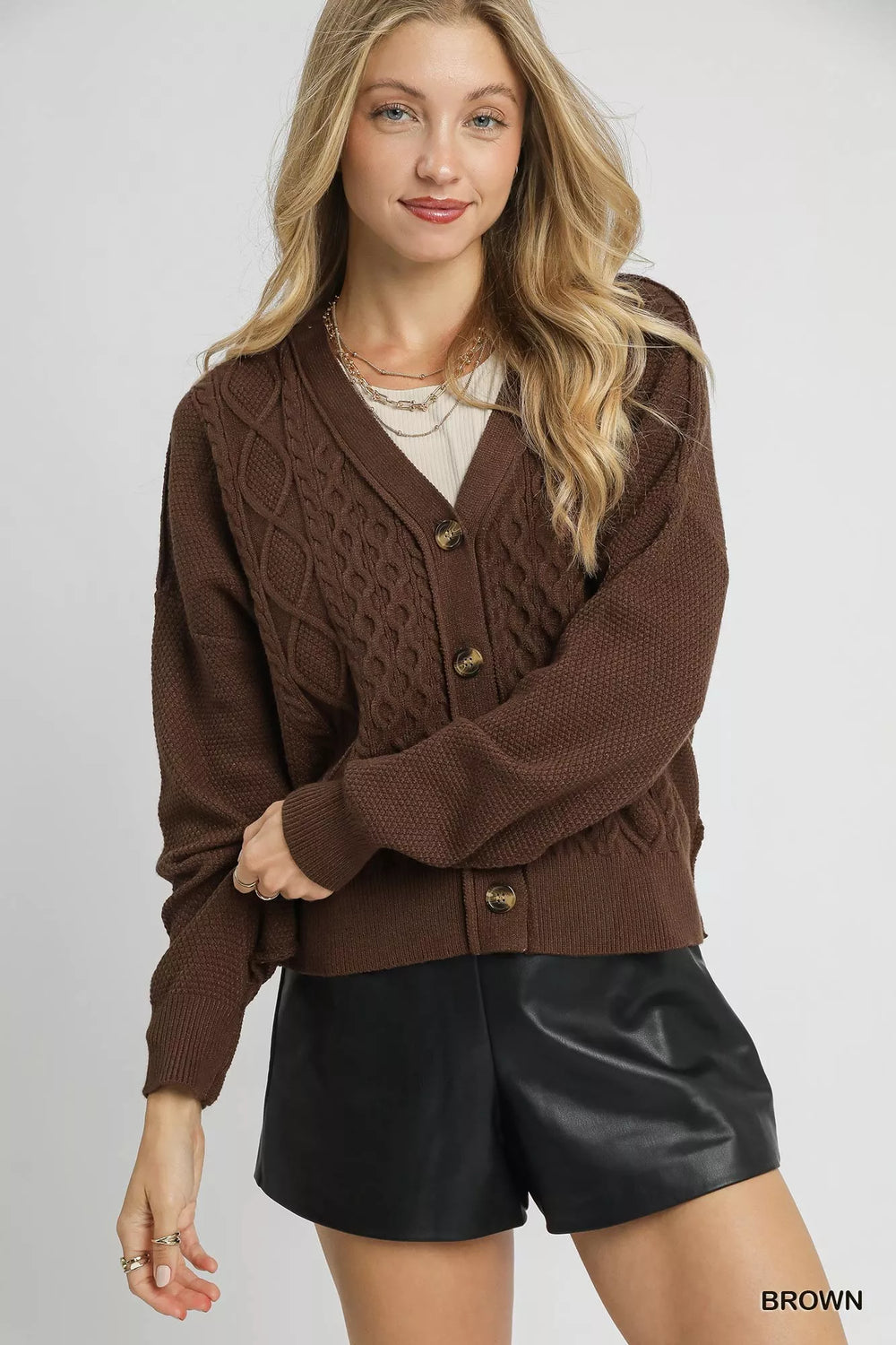 Umgee Chunky Cable Knit V-Neck Button-Up Cardigan - Trendsi - Flyclothing LLC