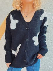 Flower Button Down V-Neck Long Sleeve Cardigan - Trendsi