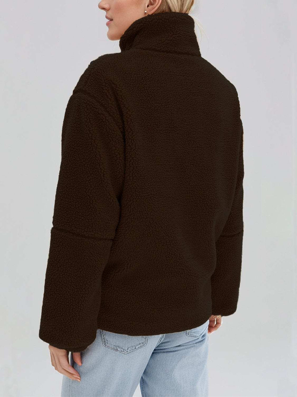 Turtleneck Zip Up Long Sleeve Plush Jacket - Trendsi - Flyclothing LLC