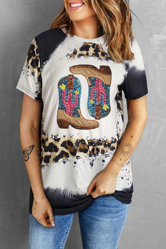 Sequin Boots Leopard Round Neck Short Sleeve T-Shirt - Trendsi - Flyclothing LLC