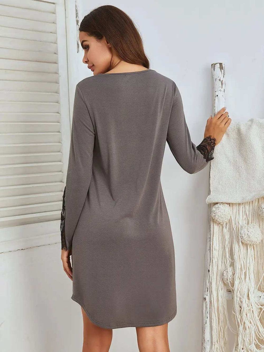 Lace Detail Long Sleeve Mini Lounge Dress - Trendsi - Flyclothing LLC