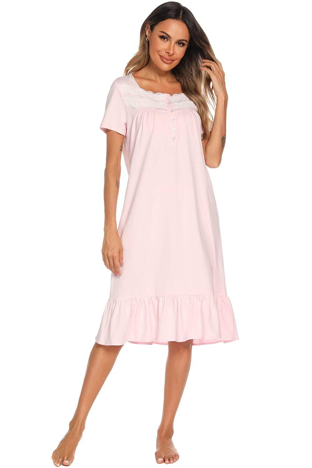 Lace Detail Square Neck Lounge Dress - Trendsi - Flyclothing LLC