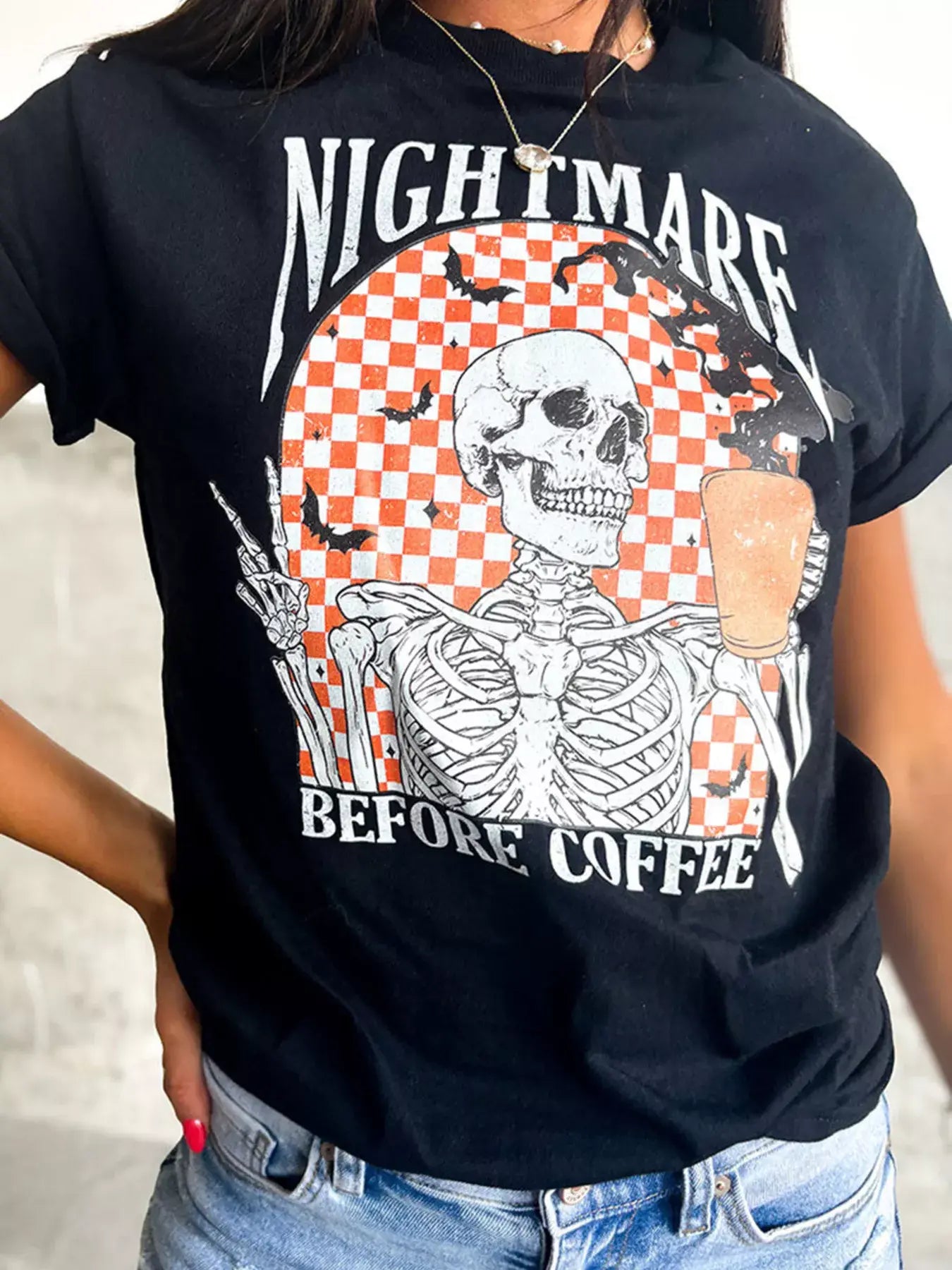 Halloween Skull Checkerboard Graphic Round Neck T-Shirt - Trendsi - Flyclothing LLC