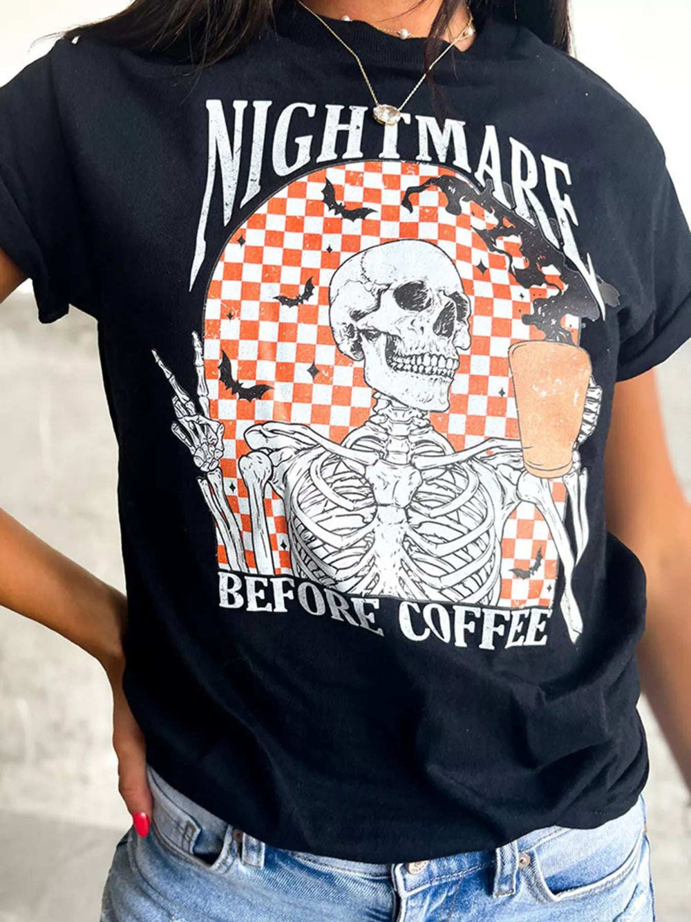 Halloween Skull Checkerboard Graphic Round Neck T-Shirt - Trendsi - Flyclothing LLC