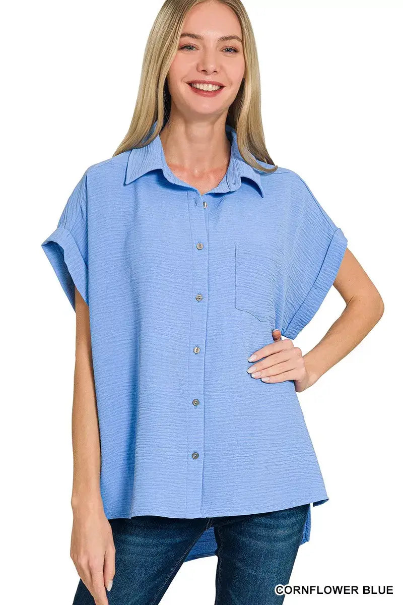 Zenana Woven Airflow Button Down Shirt - Trendsi - Flyclothing LLC