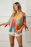 BiBi Multi Stripe Block Printed Jersey Blouse with Tied Sleeves - Trendsi - Flyclothing LLC