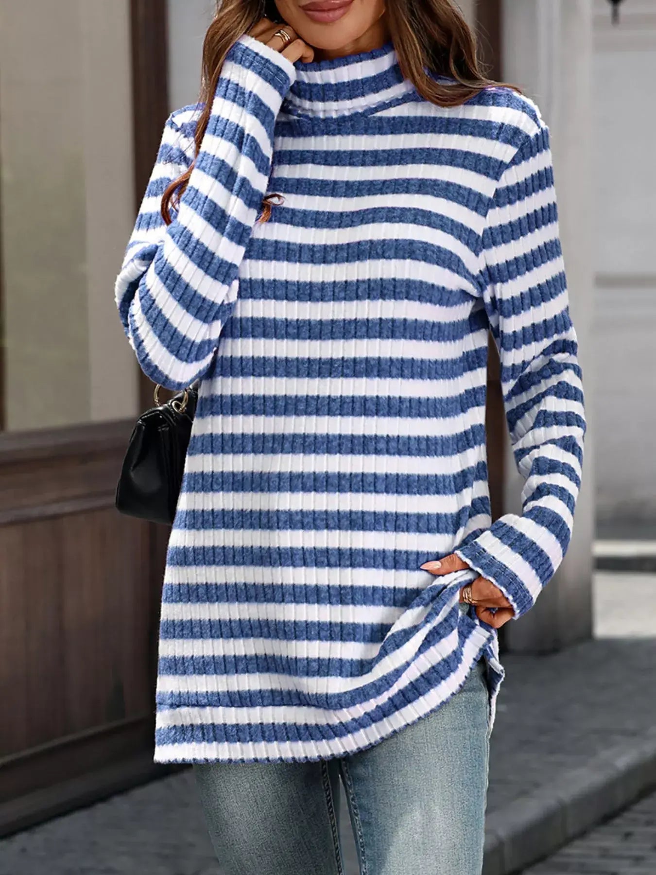 Striped Turtleneck Long Sleeve Knit Top - Trendsi - Flyclothing LLC
