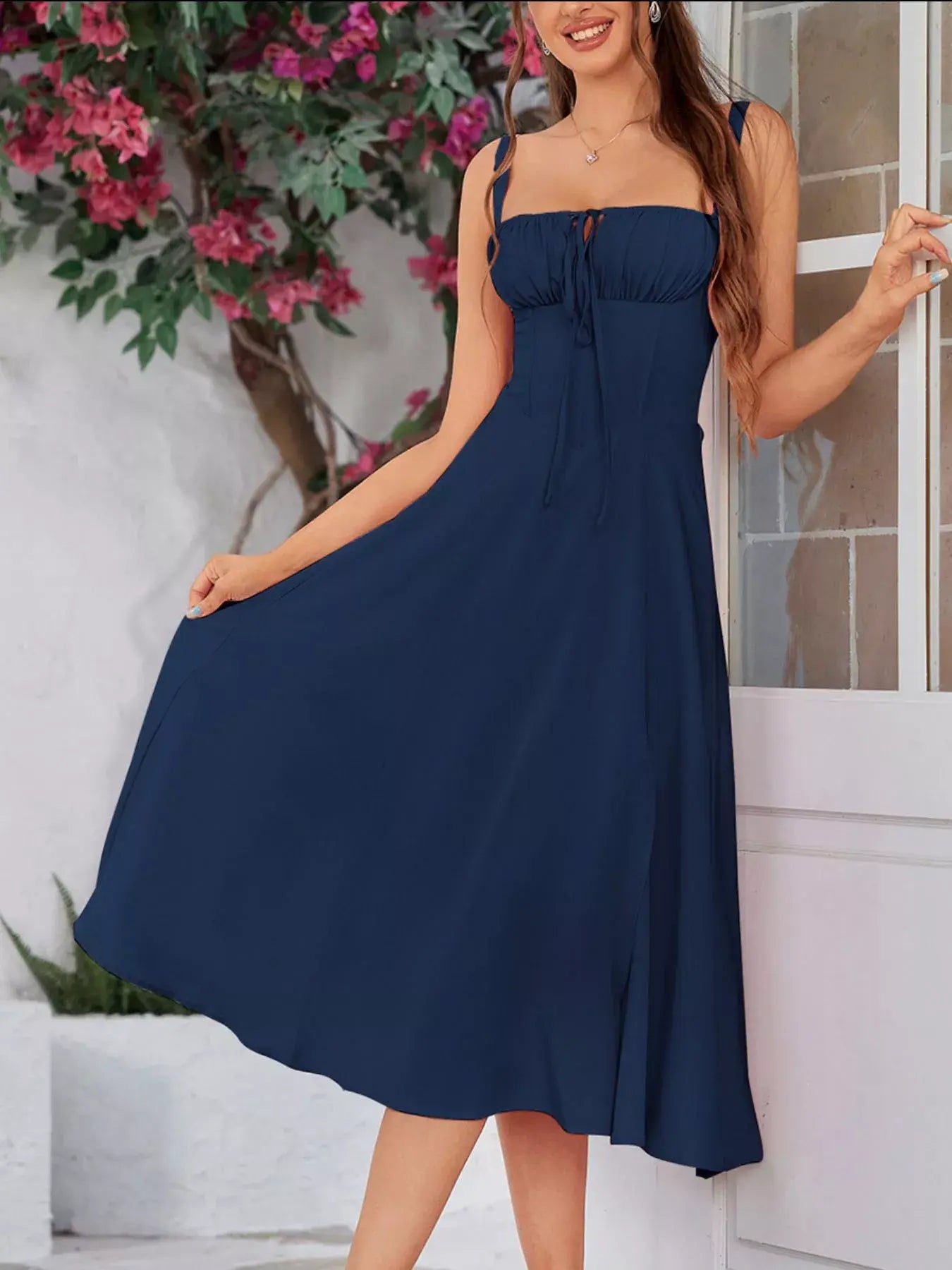 Tie-Front A-Line Midi Dress - Trendsi - Flyclothing LLC