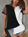 Color Block Notched Short Sleeve T-Shirt - Trendsi - Flyclothing LLC