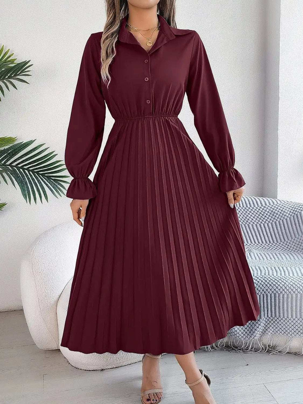 Pleated Half Button Long Sleeve Midi Dress - Trendsi - Flyclothing LLC