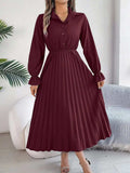 Pleated Half Button Long Sleeve Midi Dress - Trendsi - Flyclothing LLC