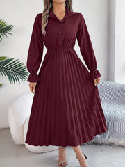 Pleated Half Button Long Sleeve Midi Dress - Trendsi