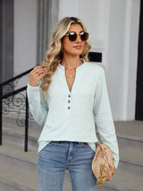 Striped Notched Long Sleeve T-Shirt - Trendsi - Flyclothing LLC