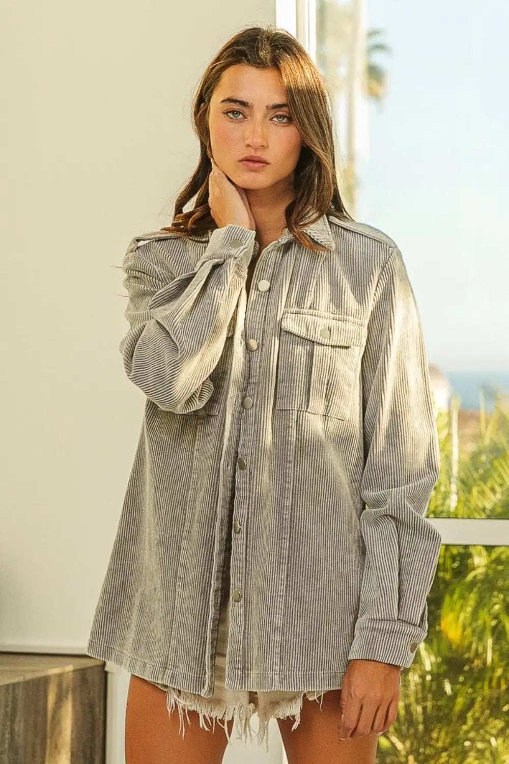 BiBi Button Up Corduroy Shacket - Trendsi - Flyclothing LLC