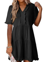 Tiered Notched Short Sleeve Mini Dress - Trendsi - Flyclothing LLC