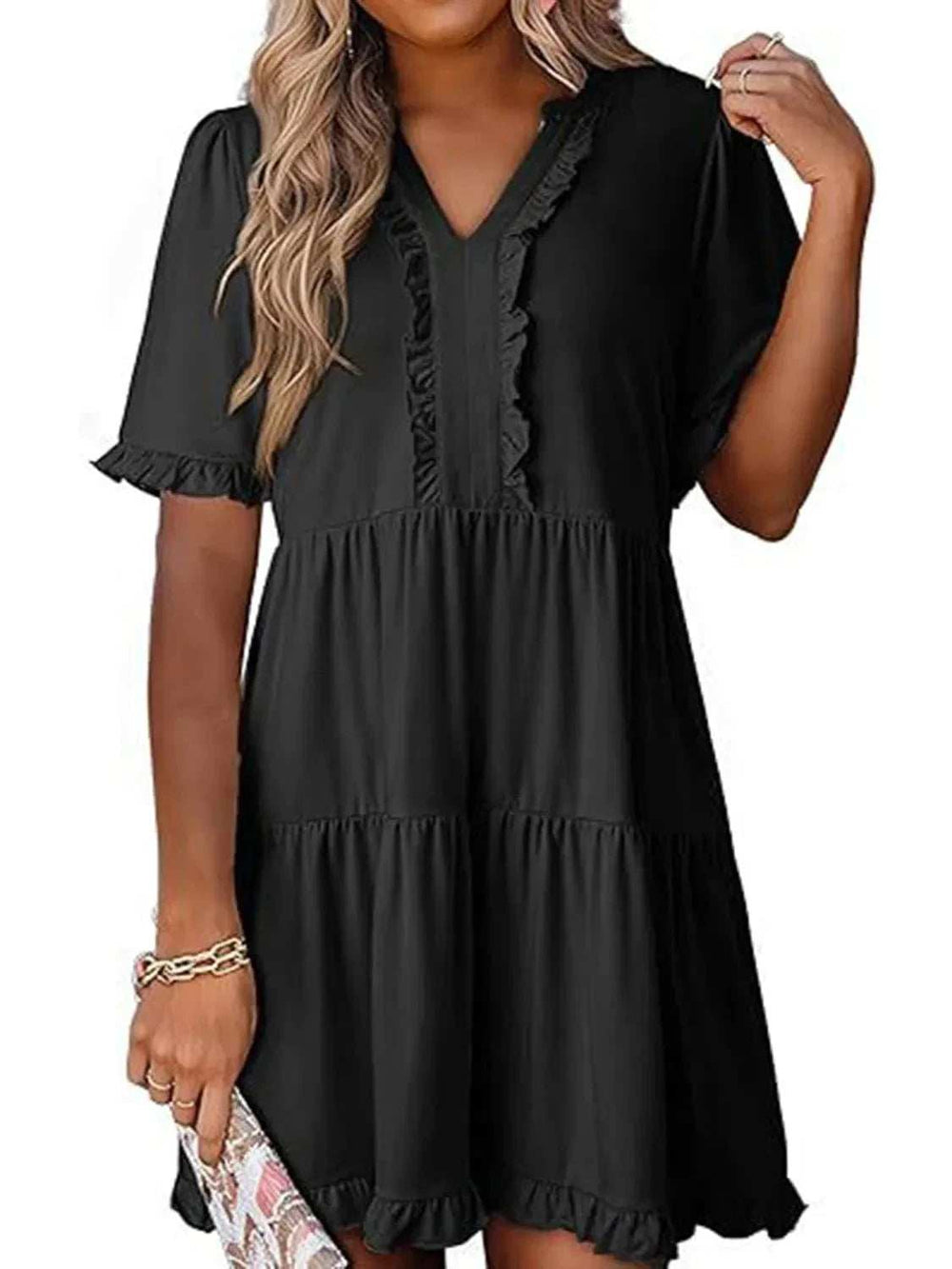 Tiered Notched Short Sleeve Mini Dress - Trendsi - Flyclothing LLC