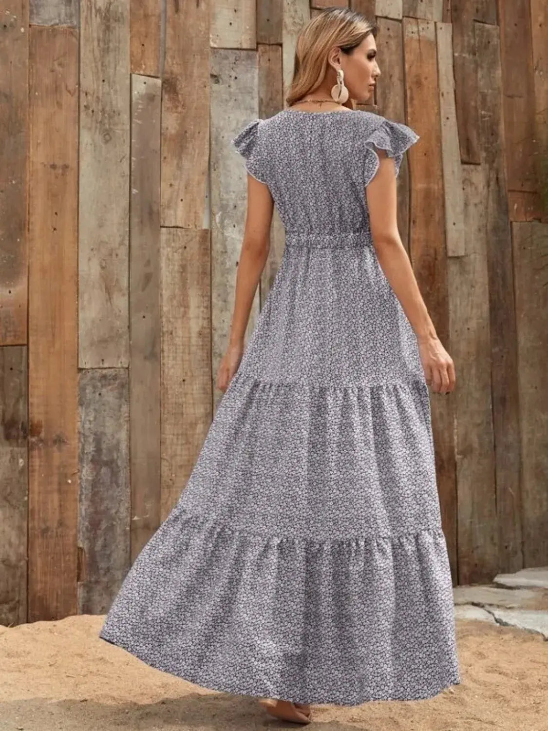 Printed V-Neck Ruffled Cap Sleeve Maxi Dress - Trendsi - Flyclothing LLC
