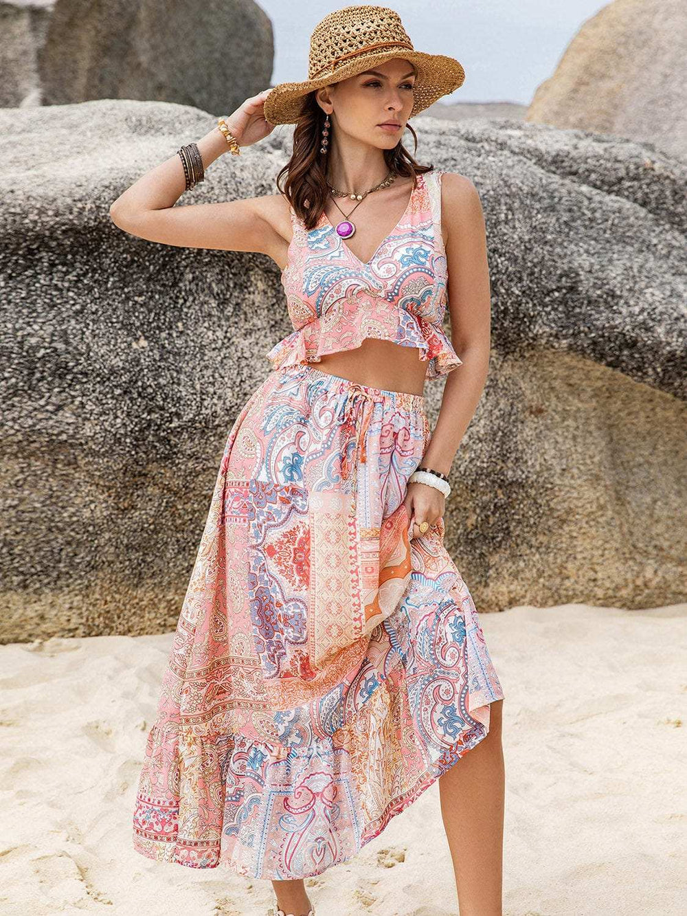 Printed V-Neck Top and Midi Skirt Set - Trendsi - Flyclothing LLC